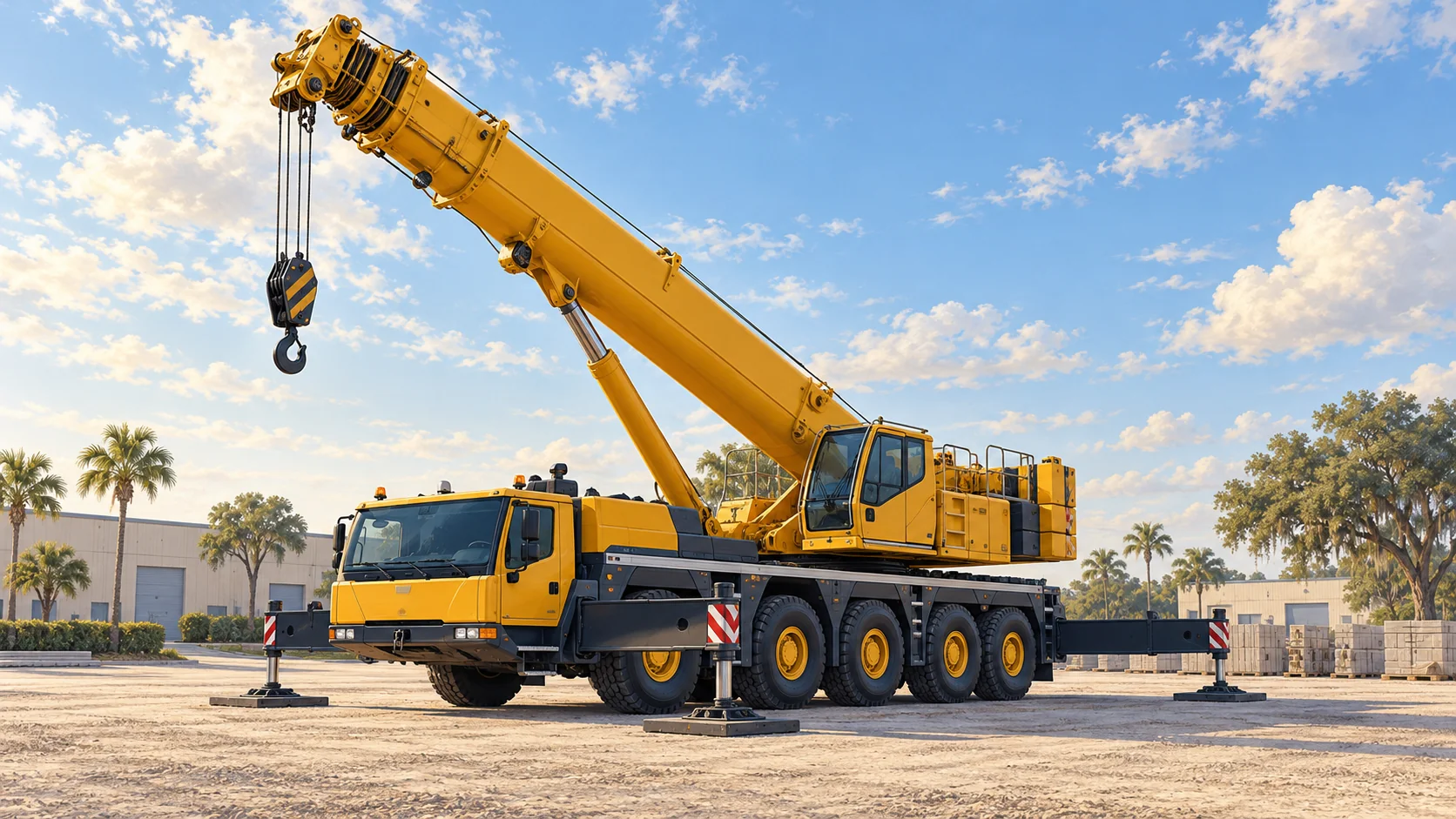 Editorial illustration of mobile telescopic crane at a project staging area.