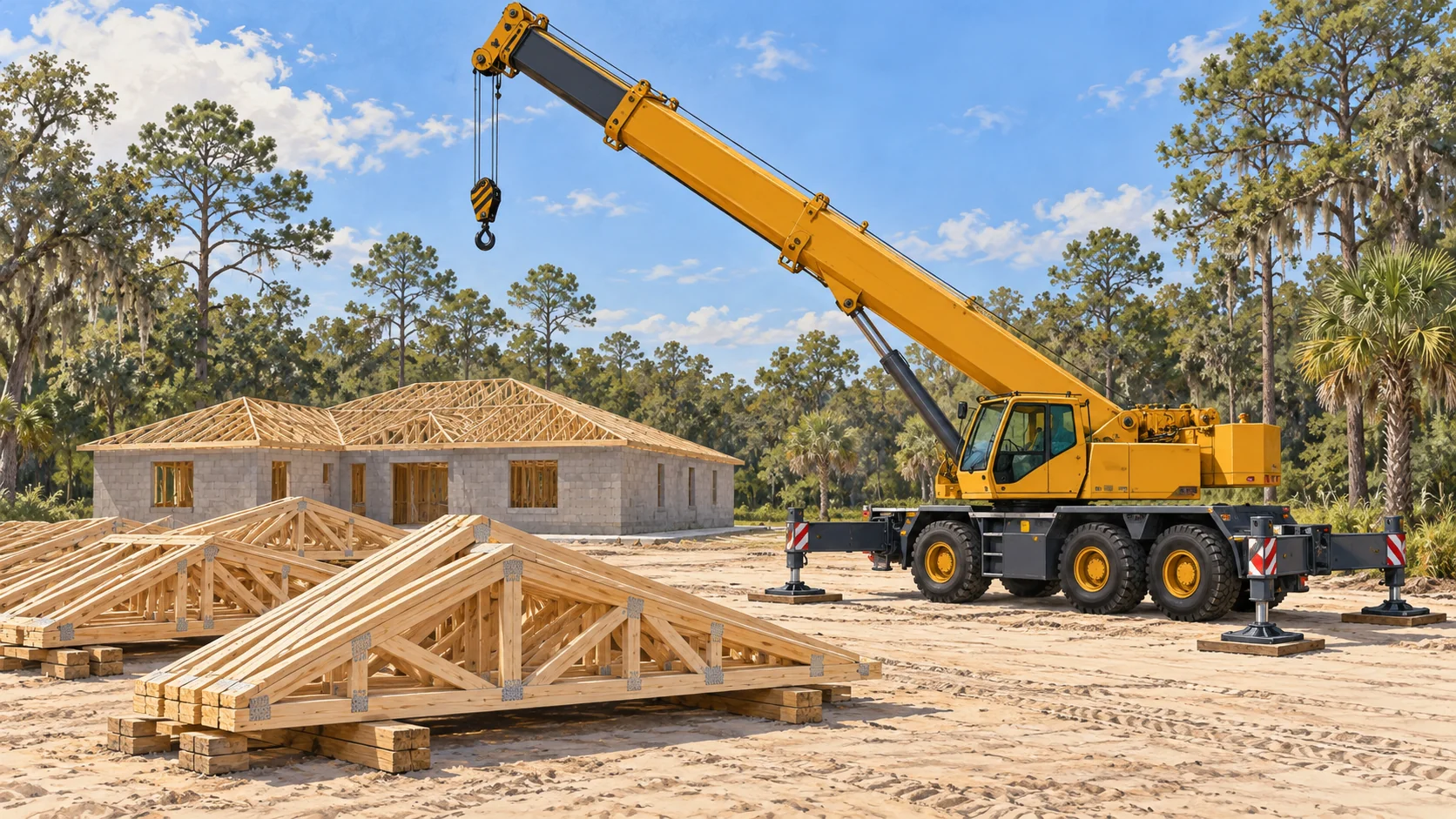 Editorial illustration of crane beside grounded roof trusses at a residential construction site.